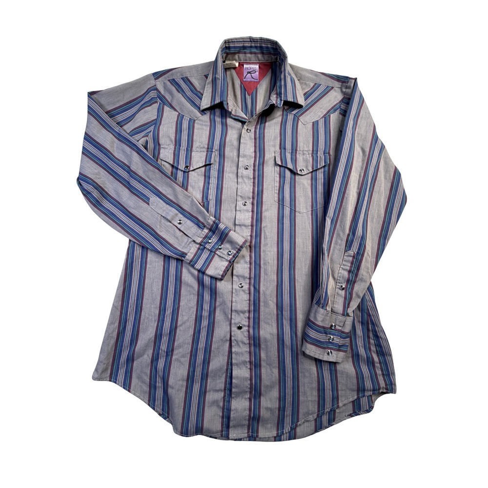 Vintage Roper Western Pearl Snap Shirt Grey Blue Striped Longโ Sleeve Womens XL